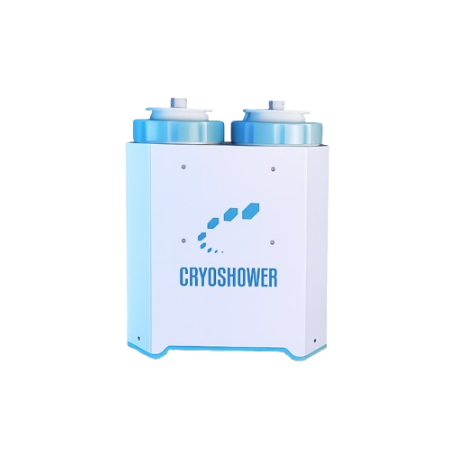 A white and light blue cryoshower device with two cylindrical top containers and the word 'CRYOSHOWER' printed on the front, isolated on a white background.