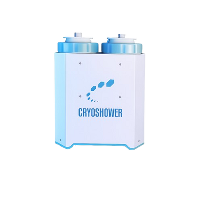 A white and light blue cryoshower device with two cylindrical top containers and the word 'CRYOSHOWER' printed on the front, isolated on a white background.