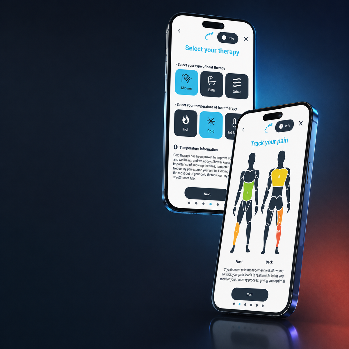 Two smartphones displaying a mobile application interface for pain tracking and therapy selection, shown at an angle against a dark blue gradient background.
