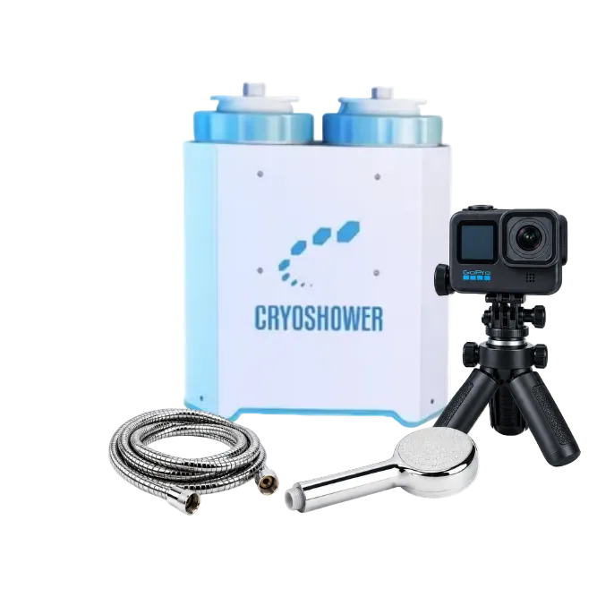 A portable cryoshower kit featuring a white and light blue electric freezing device with two blue-capped tanks, a silver metal hose, a silver handheld nozzle, a GoPro camera on a small black tripod, and a round metal attachment, all shown on a plain white background.