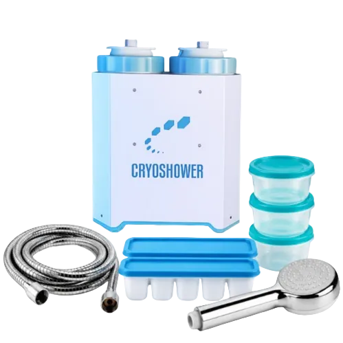 Cryoshower ice bath kit with a white and blue main unit, stainless steel hose, handheld shower head, silicone molds, and three small storage containers on a white background.