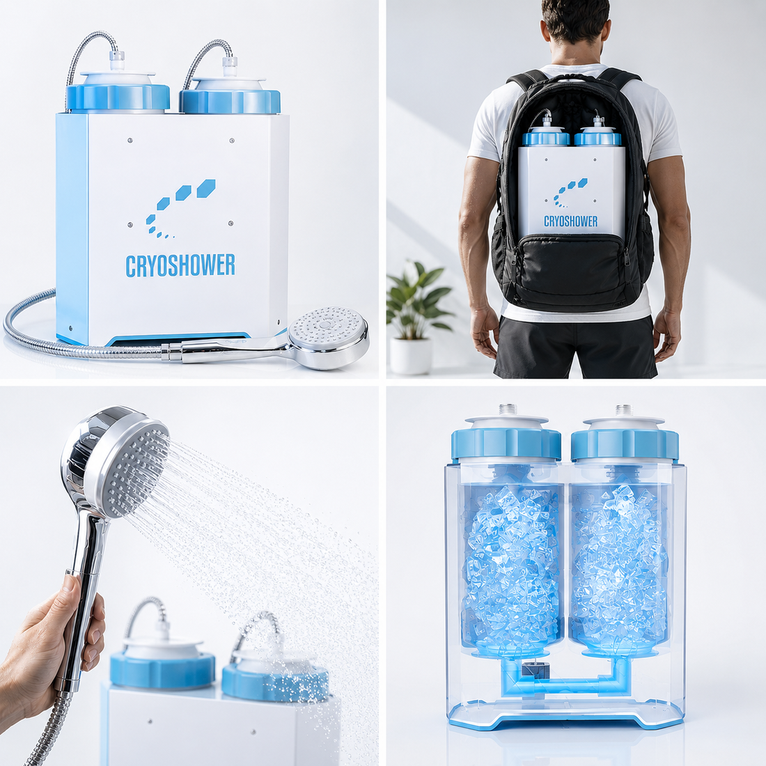 A white and light blue cryoshower device with two cylindrical top containers and the word 'CRYOSHOWER' printed on the front, isolated on a white background.