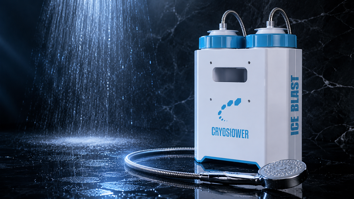 A white and blue Cryoshower ice bath device with two nozzles, a hand shower attachment, and a metal hose, set against a dark marble background.slider_item_LPaYc8